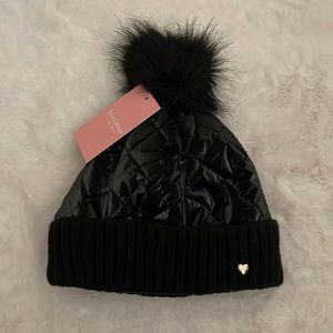 NWT stylish Juicy Couture Black Puffer Beanie with faux pom Christmas